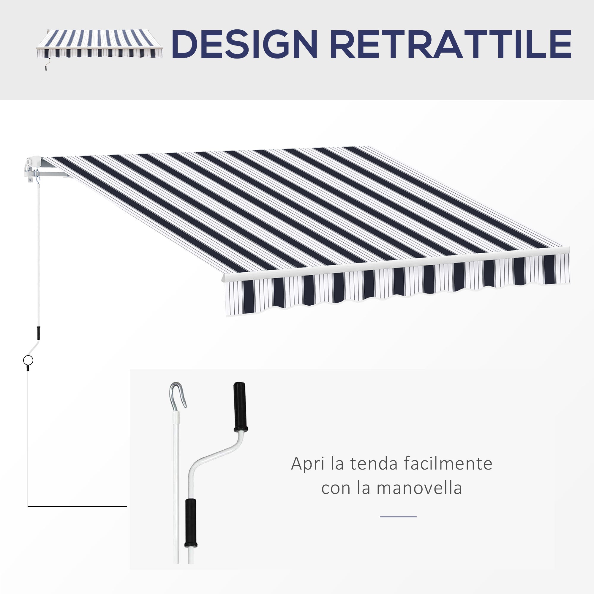 Retractable Awning 2.5x2m with Manual Crank, Outdoor Sunshade Awning in Aluminum and Polyester Fabric, 280 g/m², UV50+, Blue and White