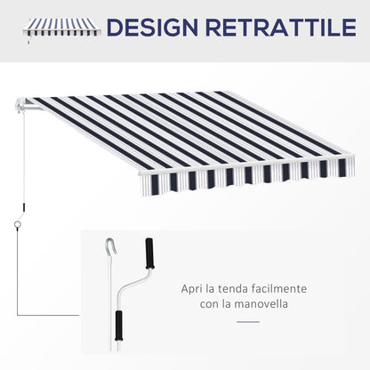 Retractable Awning 2.5x2m with Manual Crank, Outdoor Sunshade Awning in Aluminum and Polyester Fabric, 280 g/m², UV50+, Blue and White