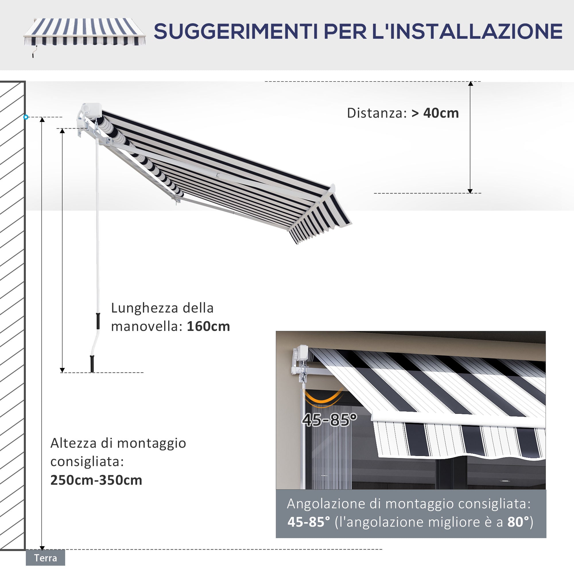 Retractable Awning 2.5x2m with Manual Crank, Outdoor Sunshade Awning in Aluminum and Polyester Fabric, 280 g/m², UV50+, Blue and White