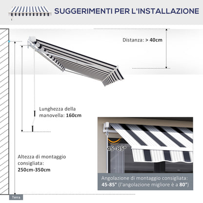 Retractable Awning 2.5x2m with Manual Crank, Outdoor Sunshade Awning in Aluminum and Polyester Fabric, 280 g/m², UV50+, Blue and White