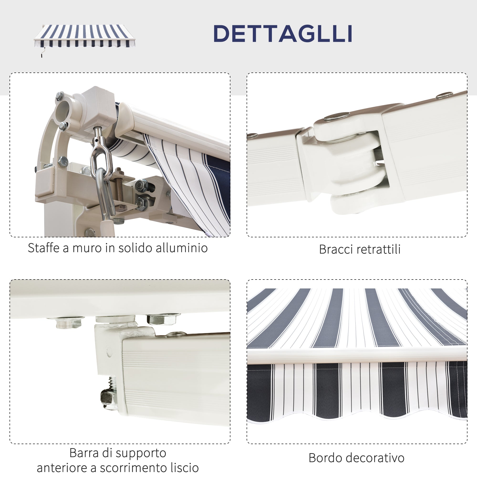 Retractable Awning 2.5x2m with Manual Crank, Outdoor Sunshade Awning in Aluminum and Polyester Fabric, 280 g/m², UV50+, Blue and White