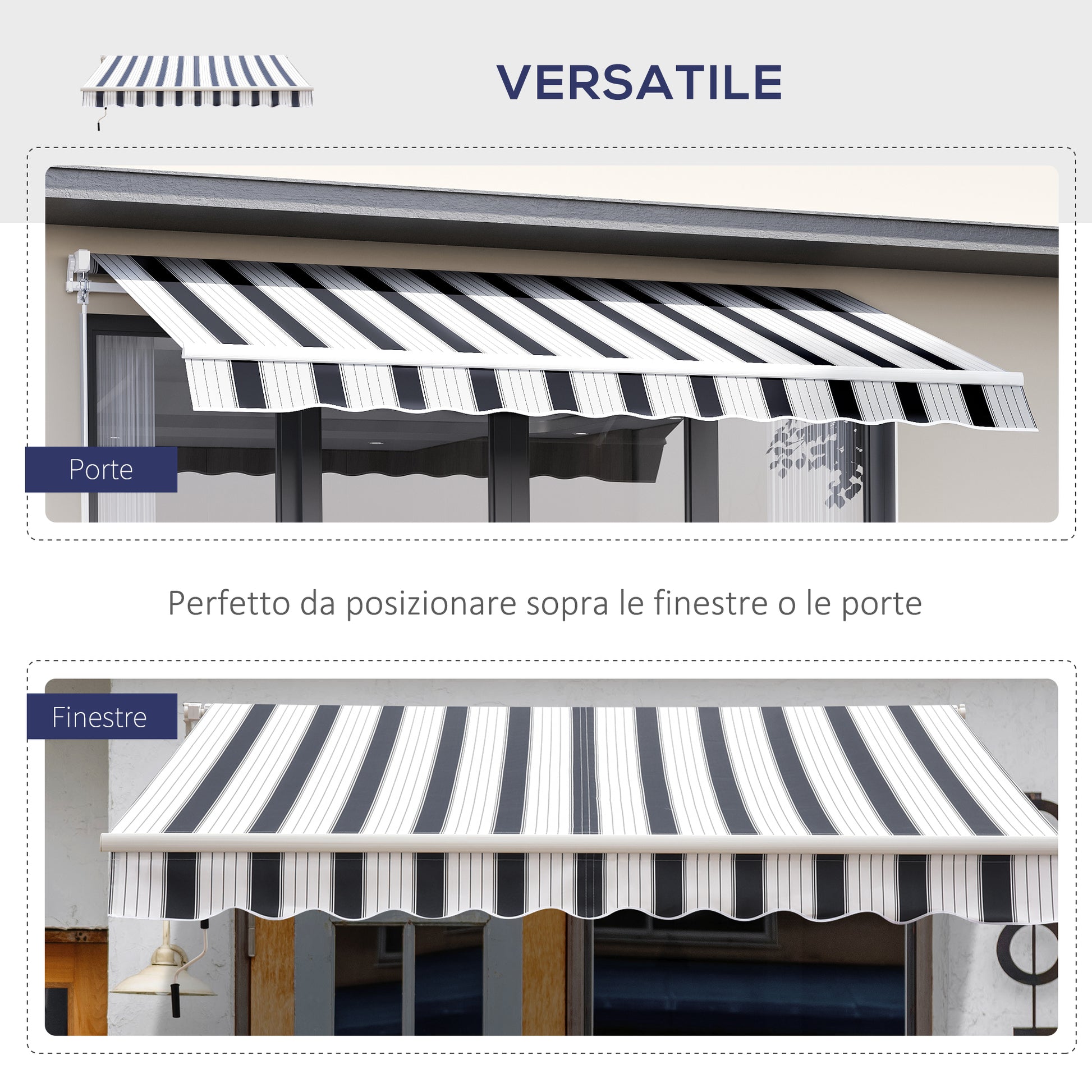 Retractable Awning 2.5x2m with Manual Crank, Outdoor Sunshade Awning in Aluminum and Polyester Fabric, 280 g/m², UV50+, Blue and White