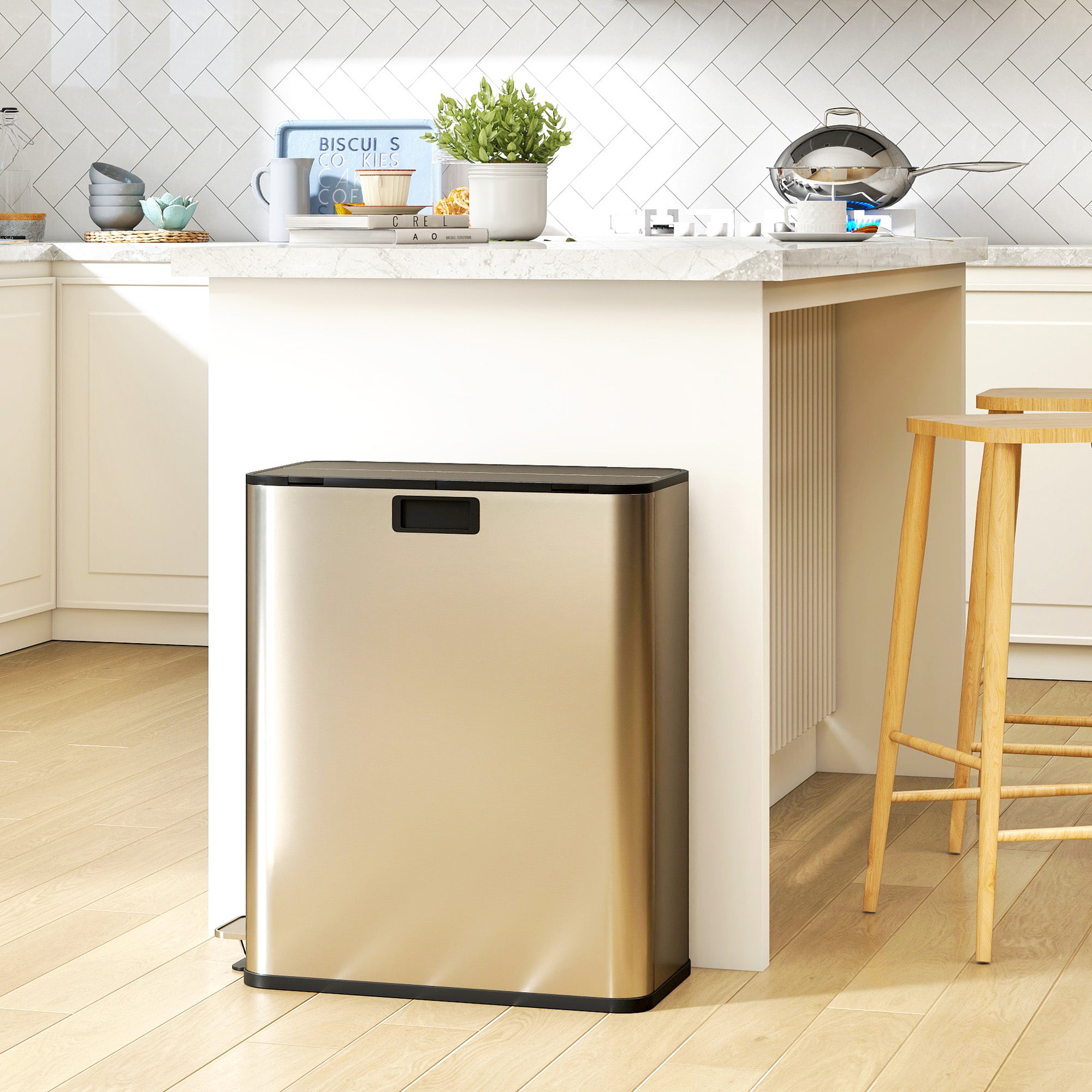 2 x 28L Stainless Steel Kitchen Step Bin with Soft-Close Butterfly Lid, Removable Inner Bins, Fingerprint-Resistant, Silver