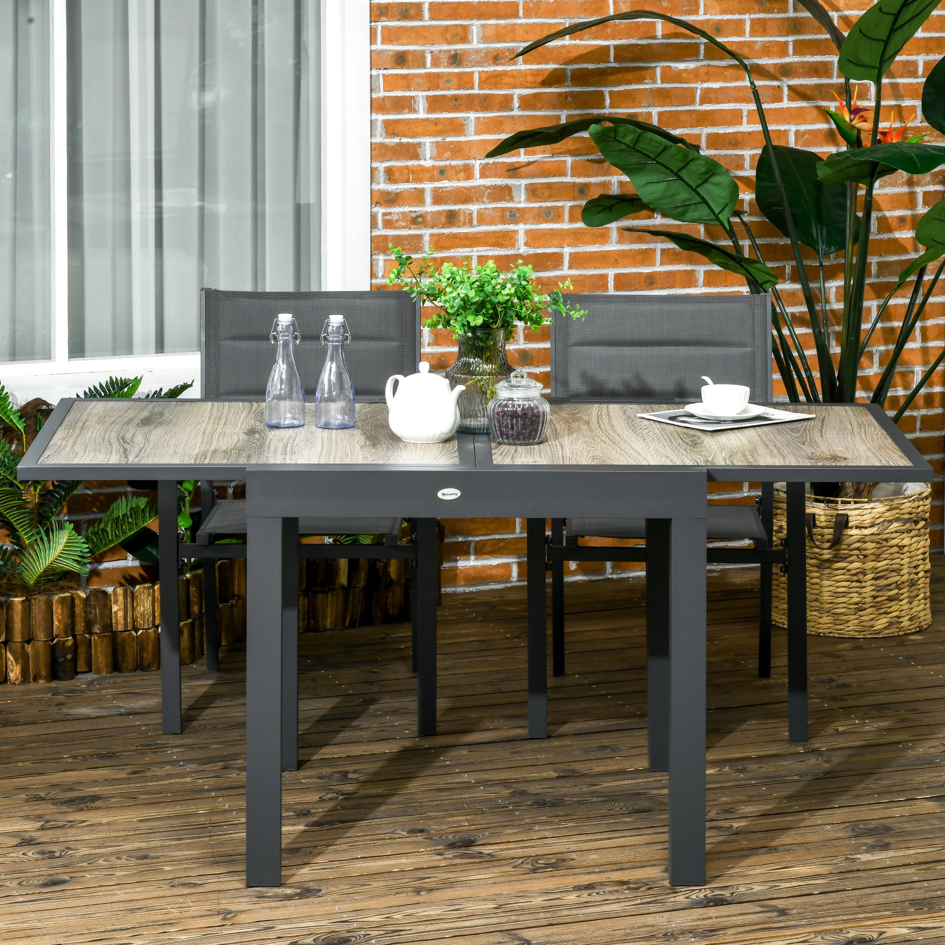 Garden Table, Dining Table for Garden with Extendable Tabletop, Terrace Table with Wood Effect, Balcony Table made of Aluminum, Beige+Gray, 160 x 80 x 75cm
