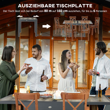 Garden Table, Dining Table for Garden with Extendable Tabletop, Terrace Table with Wood Effect, Balcony Table made of Aluminum, Beige+Gray, 160 x 80 x 75cm