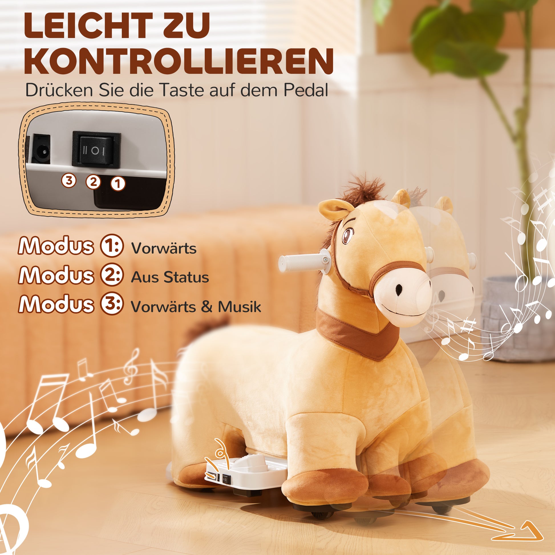 6V Kids Electric Horse Shaped Car, 2 km/h Children's Vehicle with Music, Ride-On Toy with Foot Pedal, Electric Horse for Kids 1.5-3 Years, Brown