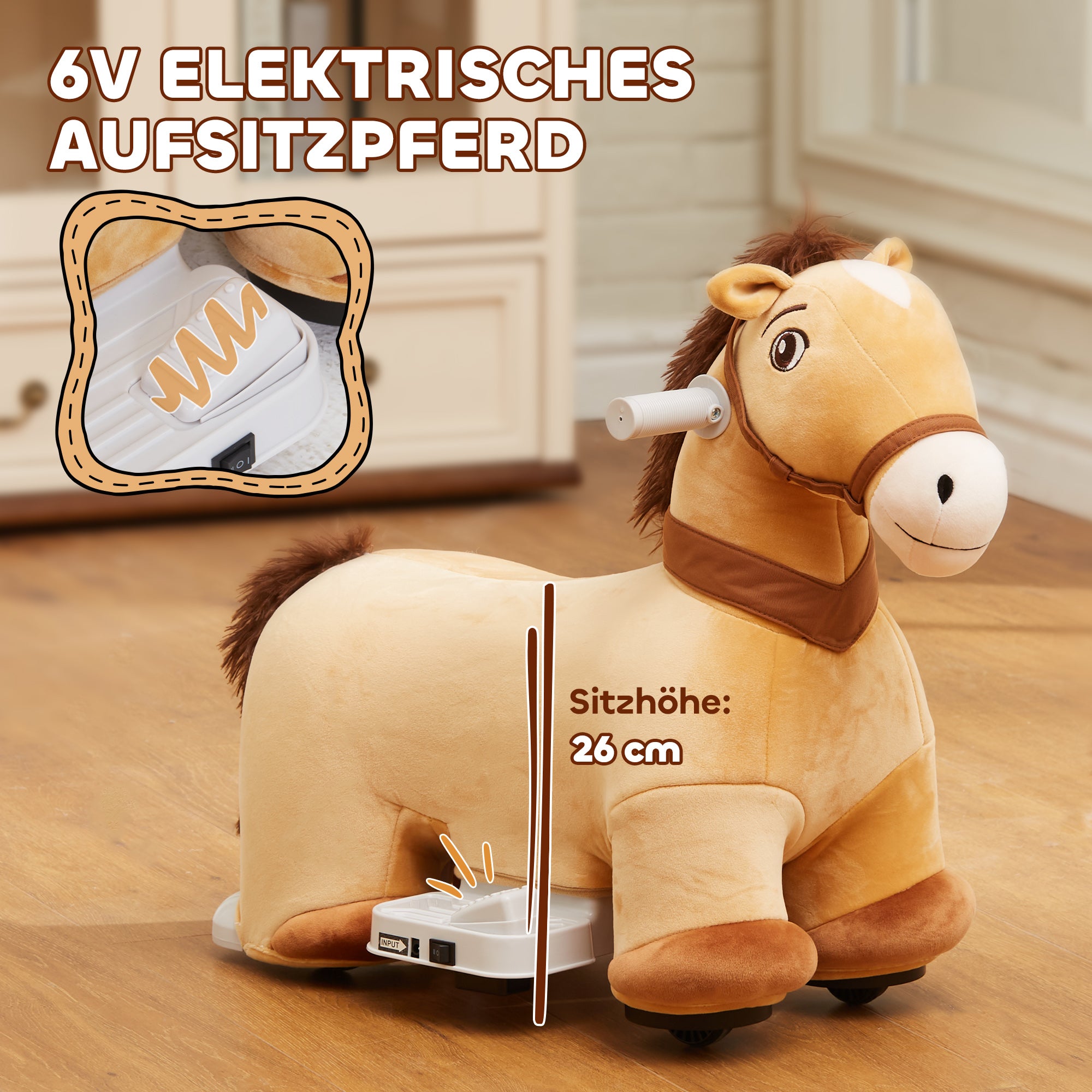 6V Kids Electric Horse Shaped Car, 2 km/h Children's Vehicle with Music, Ride-On Toy with Foot Pedal, Electric Horse for Kids 1.5-3 Years, Brown