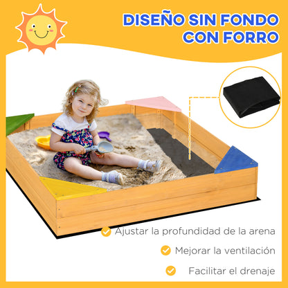 Children's Wooden Sandbox Sandbox for Kids Square from 3-8 Years with Non-Woven Fabric and 4 Seats for Garden Patio Terrace 109x109x19.8 cm Natural