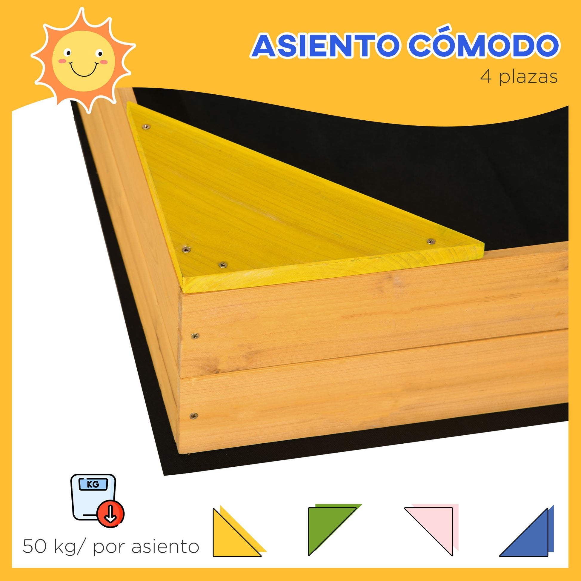 Children's Wooden Sandbox Sandbox for Kids Square from 3-8 Years with Non-Woven Fabric and 4 Seats for Garden Patio Terrace 109x109x19.8 cm Natural