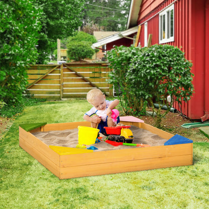 Children's Wooden Sandbox Sandbox for Kids Square from 3-8 Years with Non-Woven Fabric and 4 Seats for Garden Patio Terrace 109x109x19.8 cm Natural