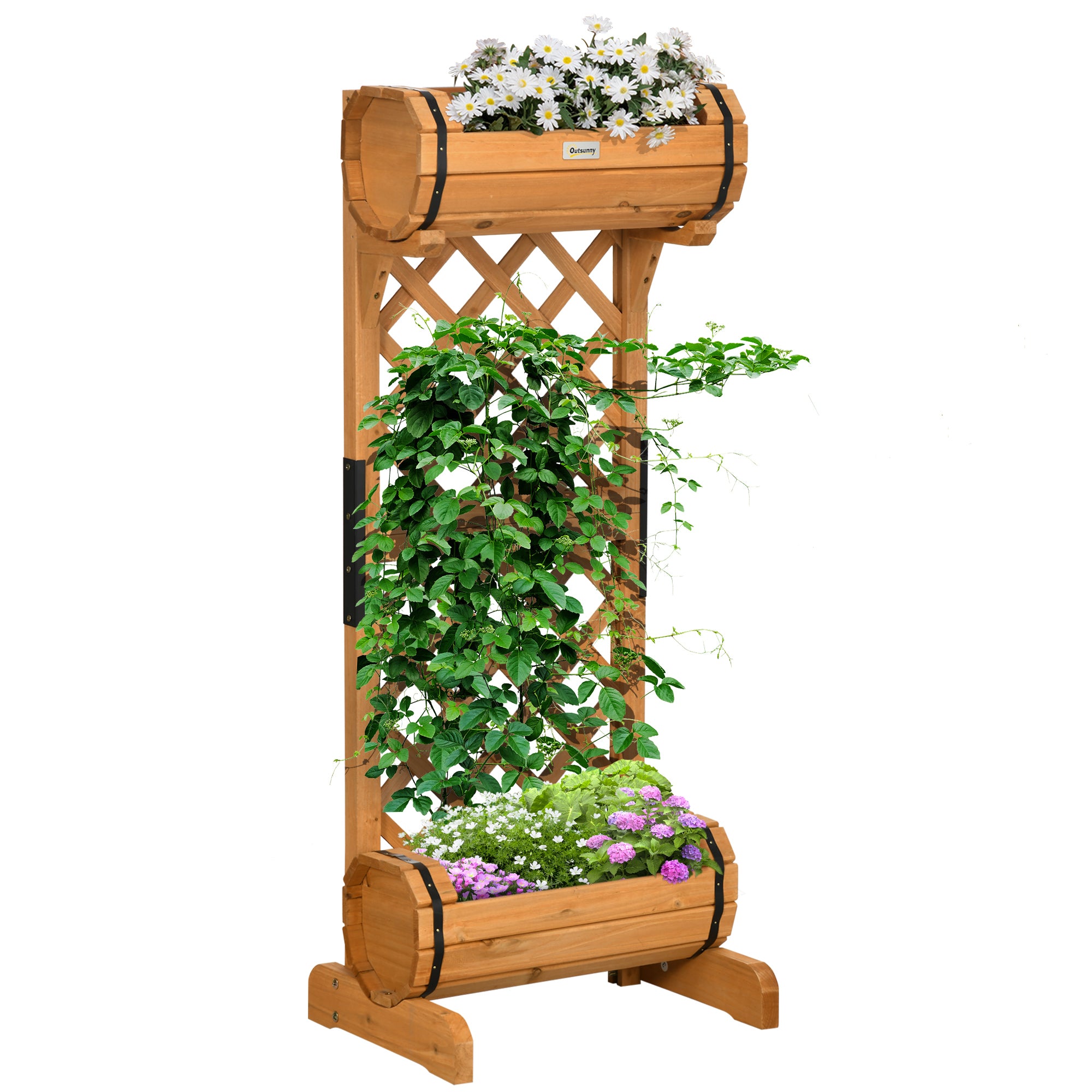 Half Barrel Brown Planter Box made of Pine Wood with Trellis for Climbing Plants, 45x35x112 cm