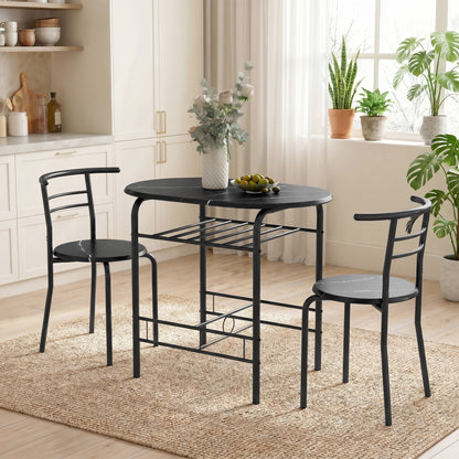 3-Piece Dining Set — 31.5" Kitchen Table with Two Chairs and Shelf, Ideal for Small Spaces, Apartment, Living/Dining Room, Black Marble Finish