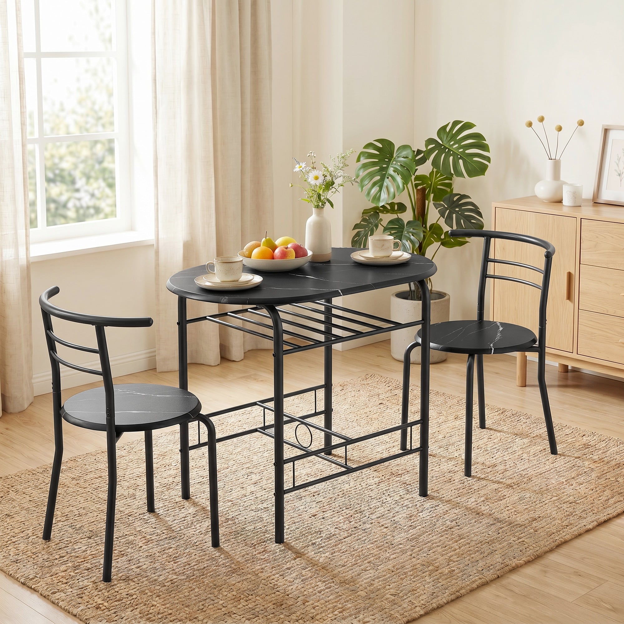 3-Piece Dining Set — 31.5" Kitchen Table with Two Chairs and Shelf, Ideal for Small Spaces, Apartment, Living/Dining Room, Black Marble Finish