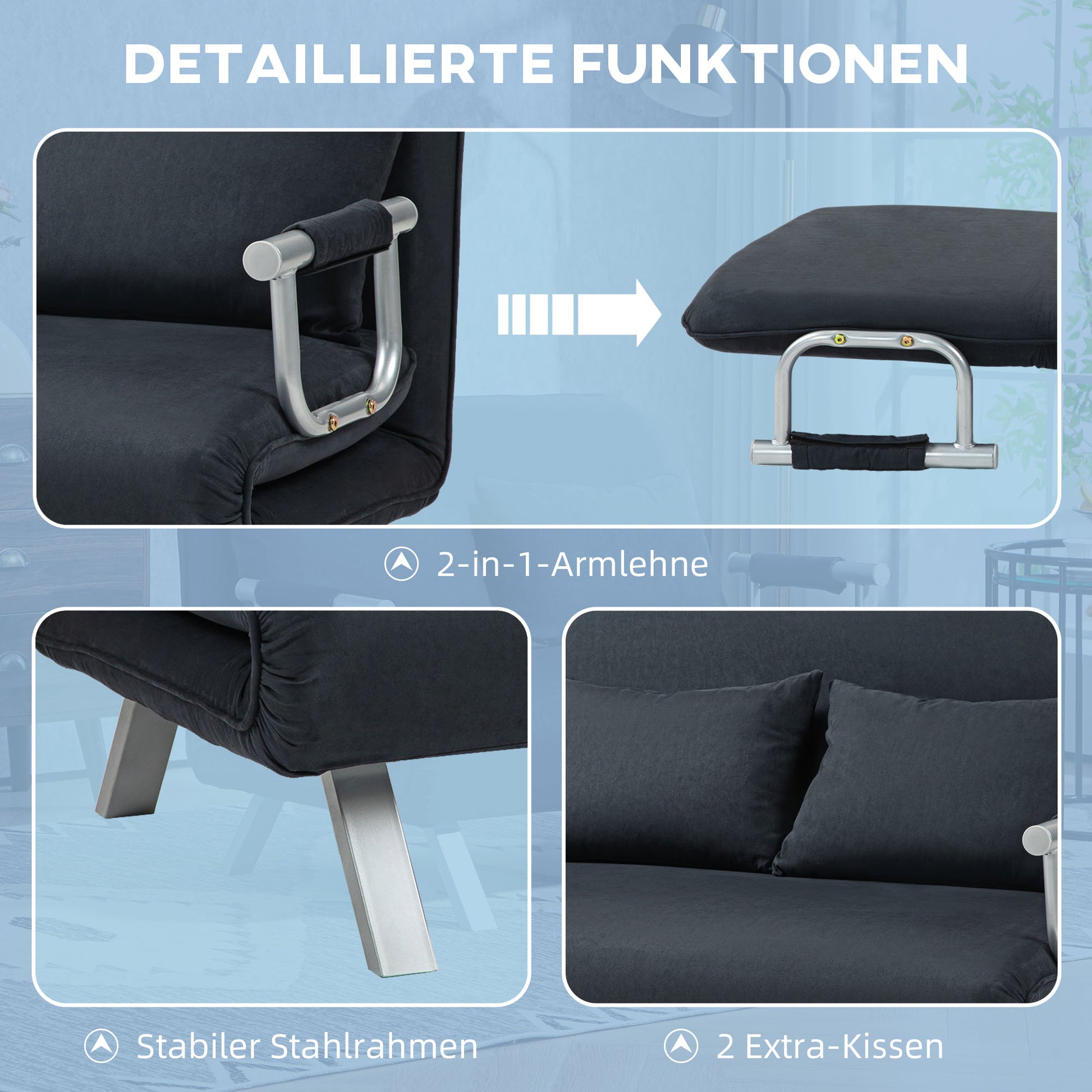 Sofa Bed with Adjustable Backrest, Throw Pillows, Sofa with Sleep Function, Velvet Look, Armrest, Guest Bed, Foldable Chair for Living Room, Bedroom, Black