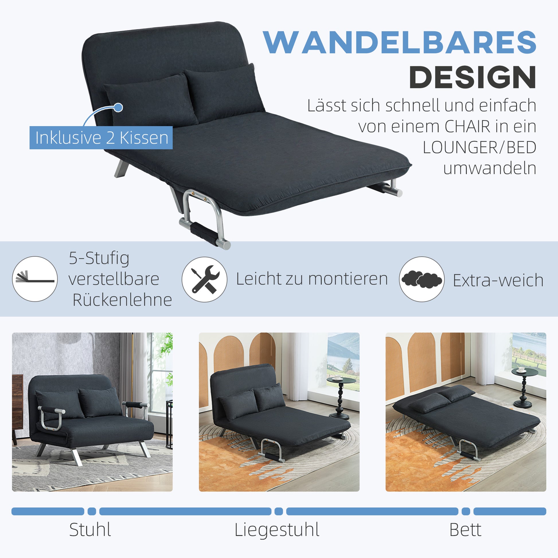 Sofa Bed with Adjustable Backrest, Throw Pillows, Sofa with Sleep Function, Velvet Look, Armrest, Guest Bed, Foldable Chair for Living Room, Bedroom, Black