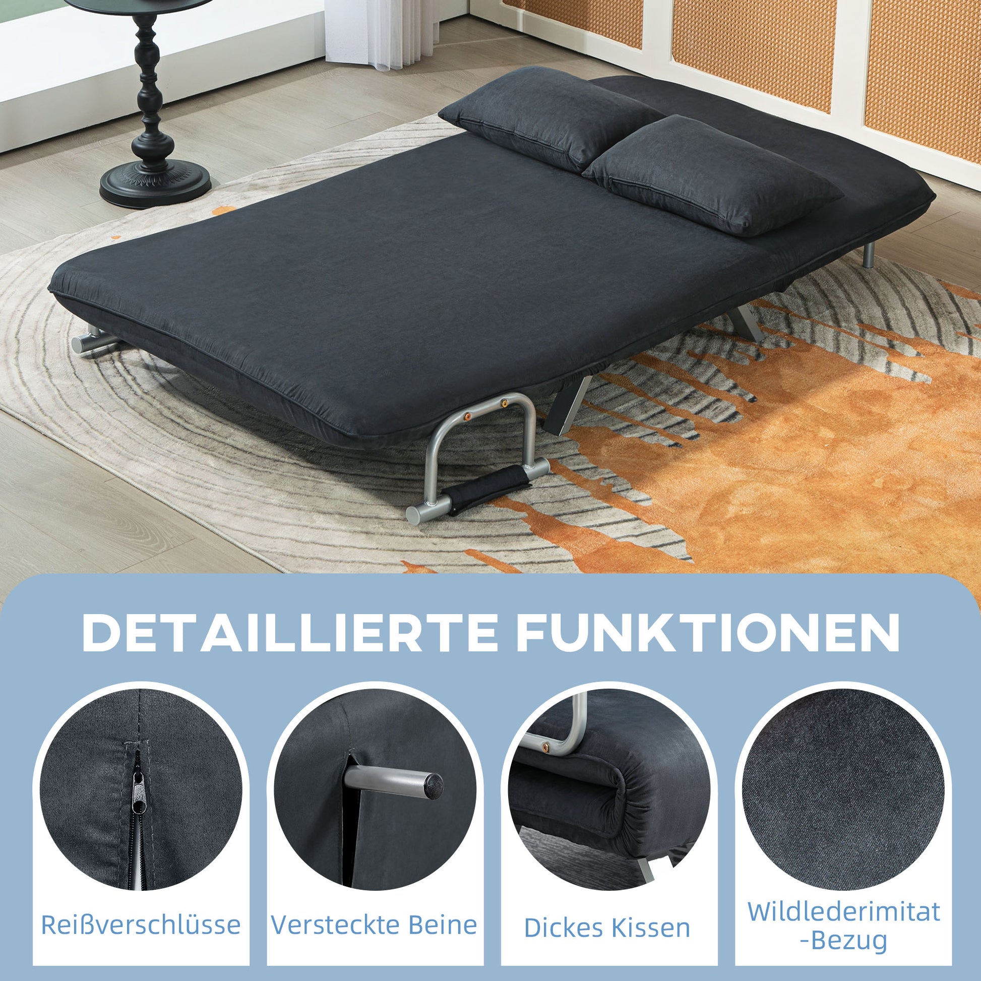 Sofa Bed with Adjustable Backrest, Throw Pillows, Sofa with Sleep Function, Velvet Look, Armrest, Guest Bed, Foldable Chair for Living Room, Bedroom, Black