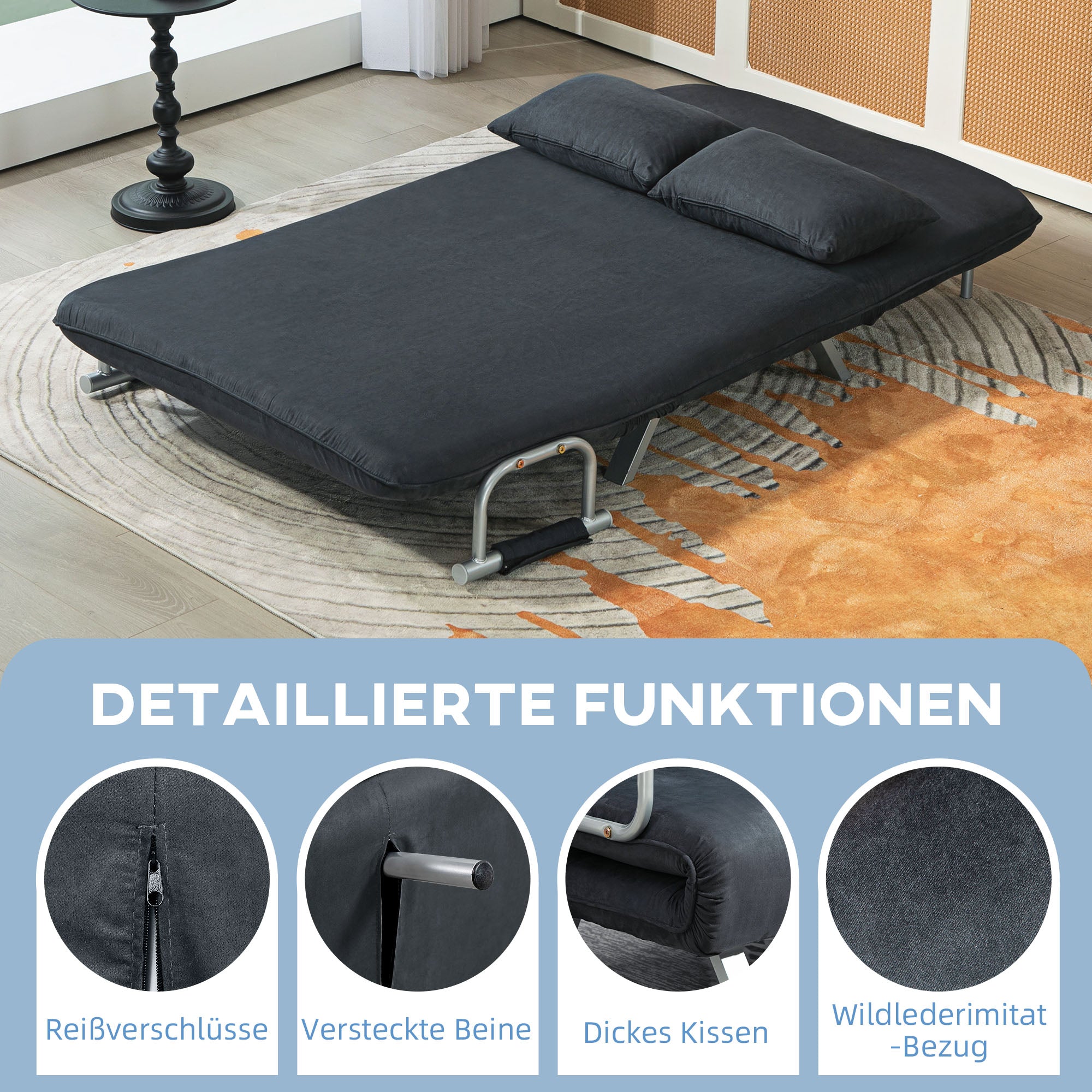 Sofa Bed with Adjustable Backrest, Throw Pillows, Sofa with Sleep Function, Velvet Look, Armrest, Guest Bed, Foldable Chair for Living Room, Bedroom, Black