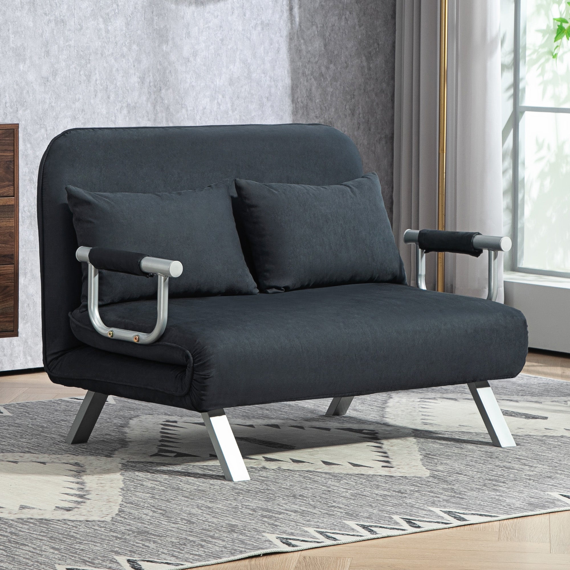 Sofa Bed with Adjustable Backrest, Throw Pillows, Sofa with Sleep Function, Velvet Look, Armrest, Guest Bed, Foldable Chair for Living Room, Bedroom, Black