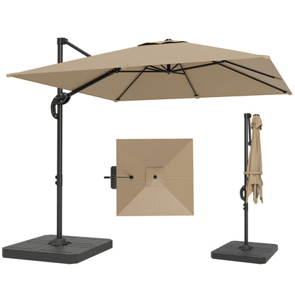 Offset Square Cantilever Umbrella 2.4 x 2.4 m (8' x 8') with Base & Weight Plates — Aluminum 360° Rotating Pedal Pole, UPF50+, 5-Position Tilt, Khaki