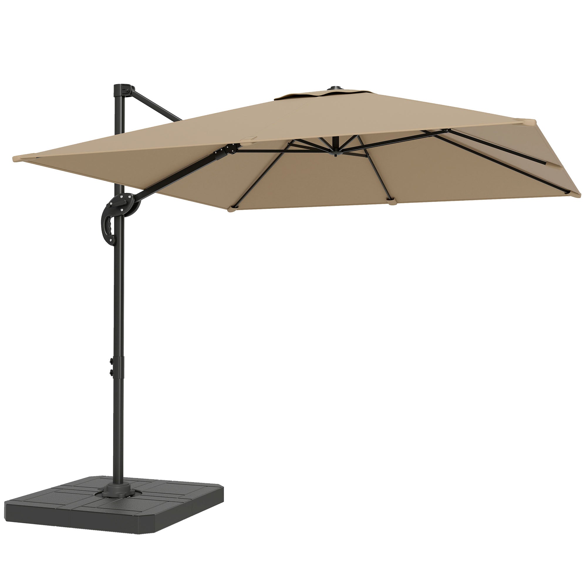 Offset Square Cantilever Umbrella 2.4 x 2.4 m (8' x 8') with Base & Weight Plates — Aluminum 360° Rotating Pedal Pole, UPF50+, 5-Position Tilt, Khaki