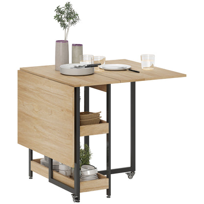Folding Dining Table, Rectangular Extendable Kitchen Table on Wheels for up to 4 People with Open Compartments, for Small Spaces, Dining Room, Oak
