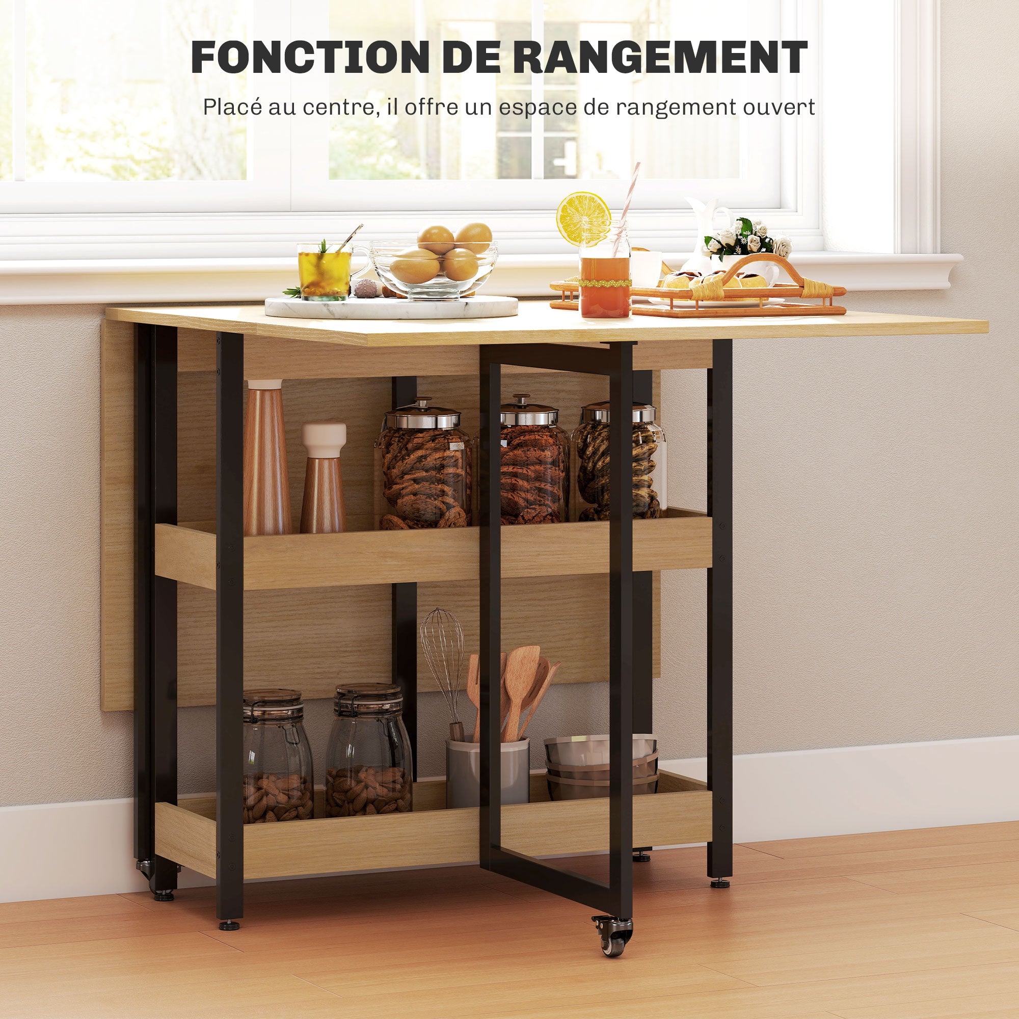 Folding Dining Table, Rectangular Extendable Kitchen Table on Wheels for up to 4 People with Open Compartments, for Small Spaces, Dining Room, Oak