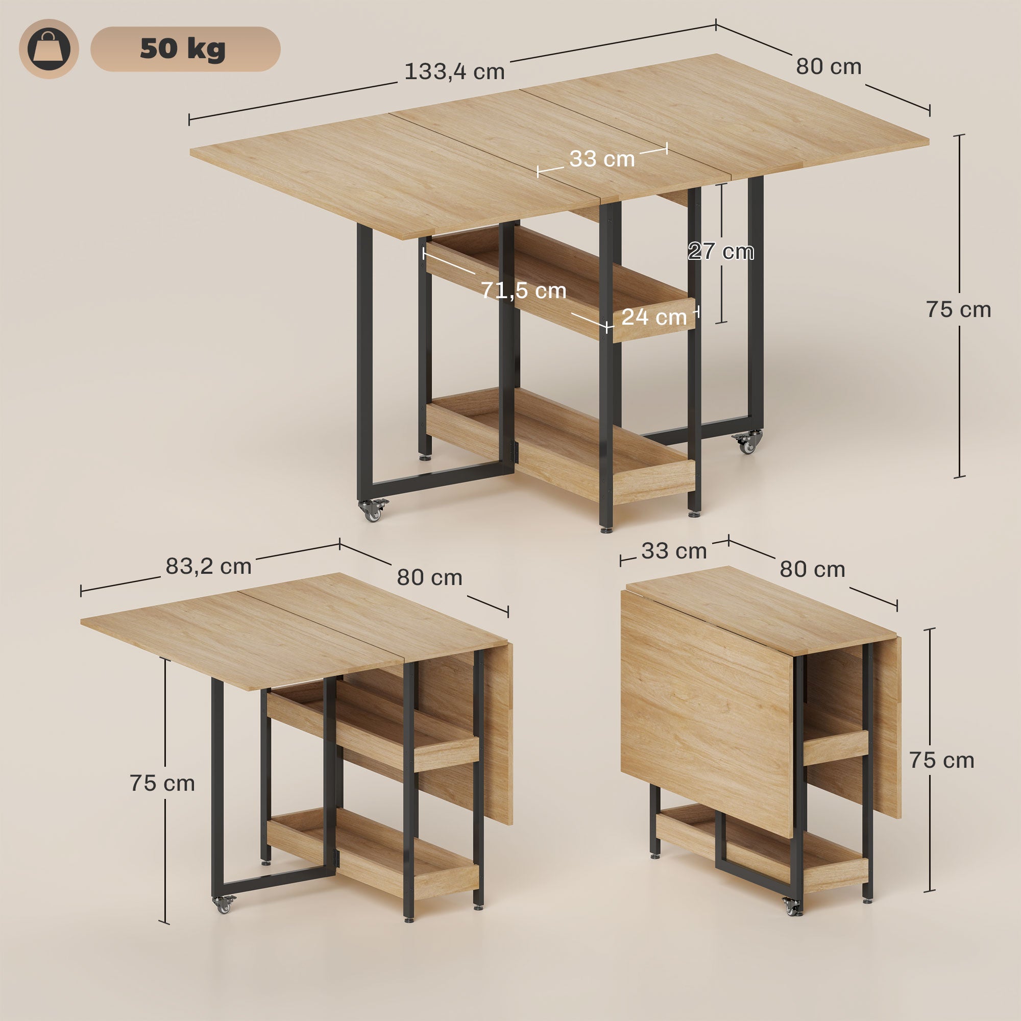 Folding Dining Table, Rectangular Extendable Kitchen Table on Wheels for up to 4 People with Open Compartments, for Small Spaces, Dining Room, Oak