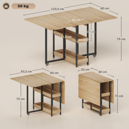 Folding Dining Table, Rectangular Extendable Kitchen Table on Wheels for up to 4 People with Open Compartments, for Small Spaces, Dining Room, Oak