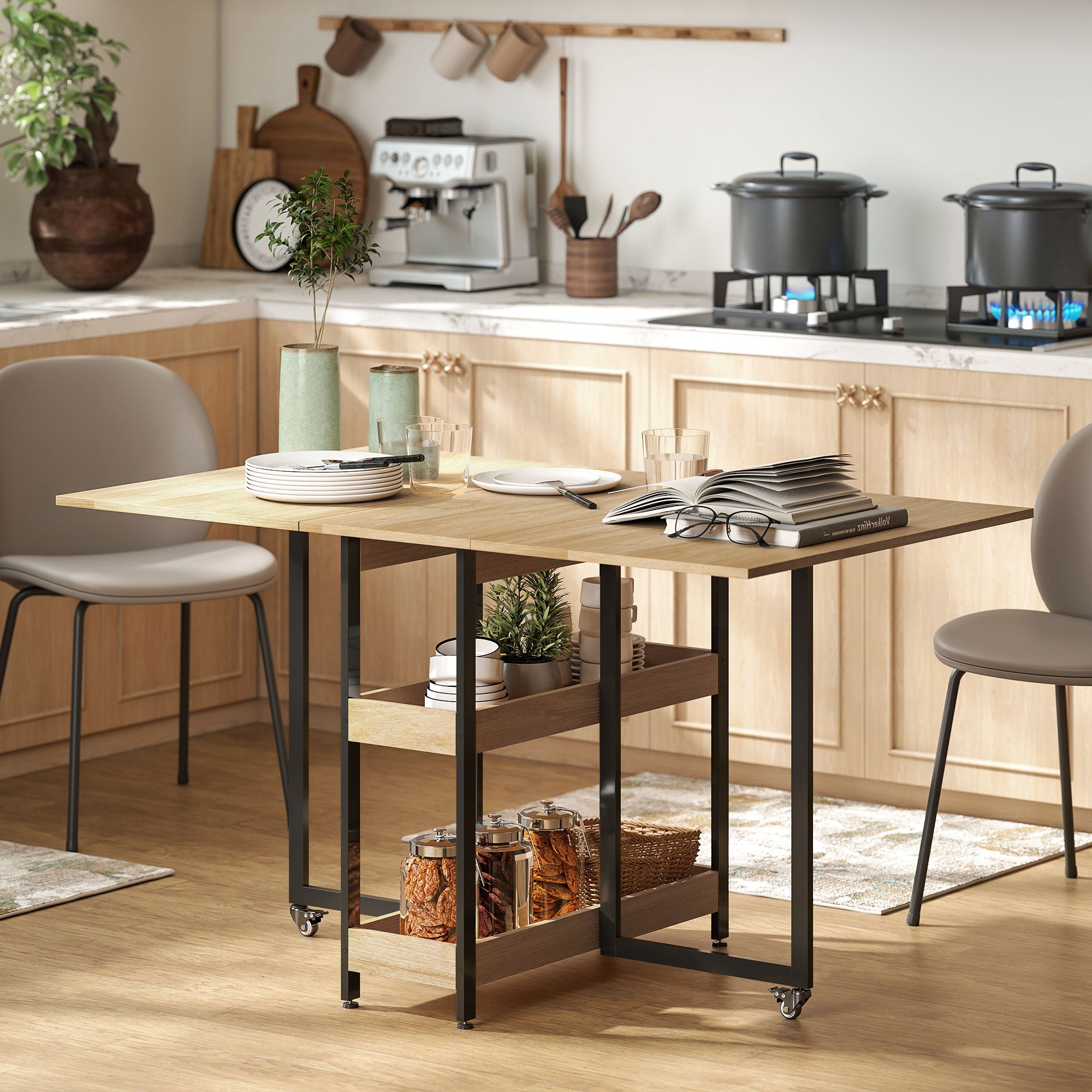 Folding Dining Table, Rectangular Extendable Kitchen Table on Wheels for up to 4 People with Open Compartments, for Small Spaces, Dining Room, Oak