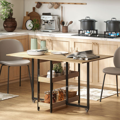 Folding Dining Table, Rectangular Extendable Kitchen Table on Wheels for up to 4 People with Open Compartments, for Small Spaces, Dining Room, Oak