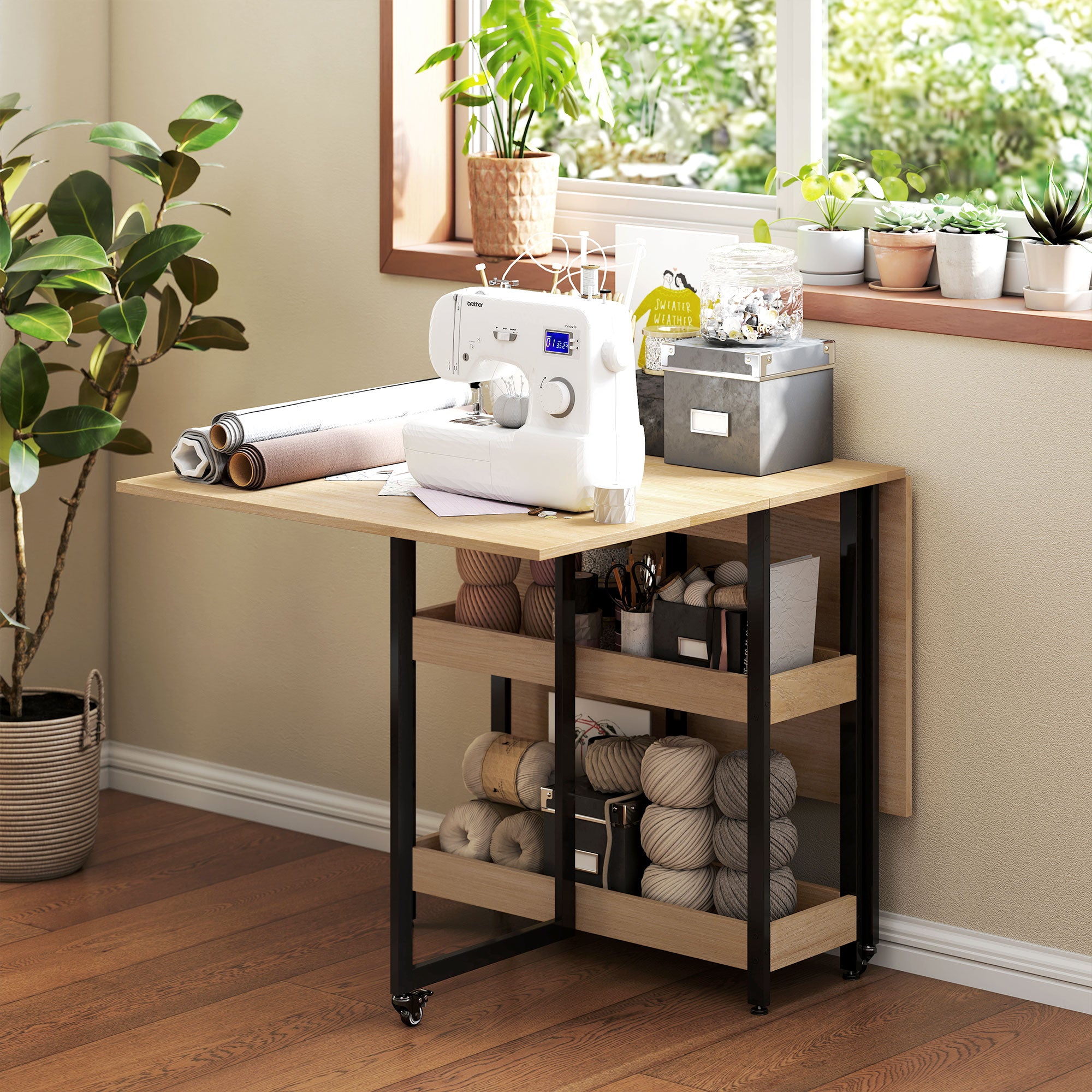 Folding Dining Table, Rectangular Extendable Kitchen Table on Wheels for up to 4 People with Open Compartments, for Small Spaces, Dining Room, Oak