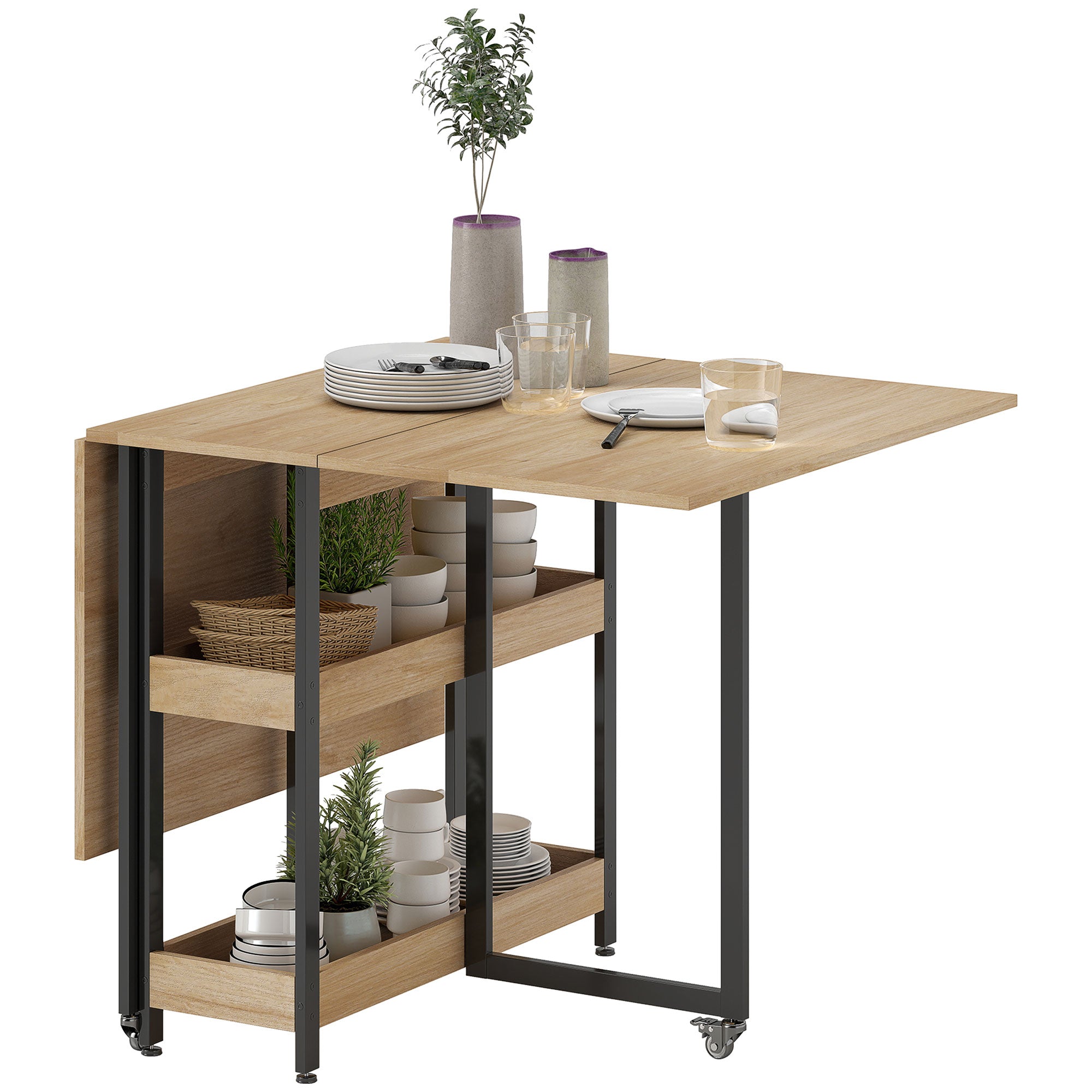 Folding Dining Table, Rectangular Extendable Kitchen Table on Wheels for up to 4 People with Open Compartments, for Small Spaces, Dining Room, Oak
