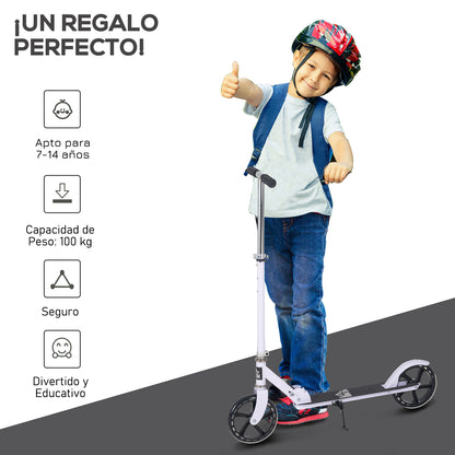Folding Scooter for Kids 7-14 Years Adjustable Height Handlebar 4 Levels with Brake 88x37x100 cm White