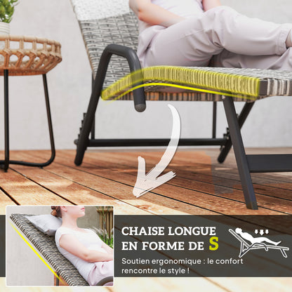 Braided Resin Sun Lounger, Reclining Outdoor Garden Sunbed, Adjustable in 4 levels, S-shaped, for camping pool terrace, 156 x 62 x 96 cm, brown