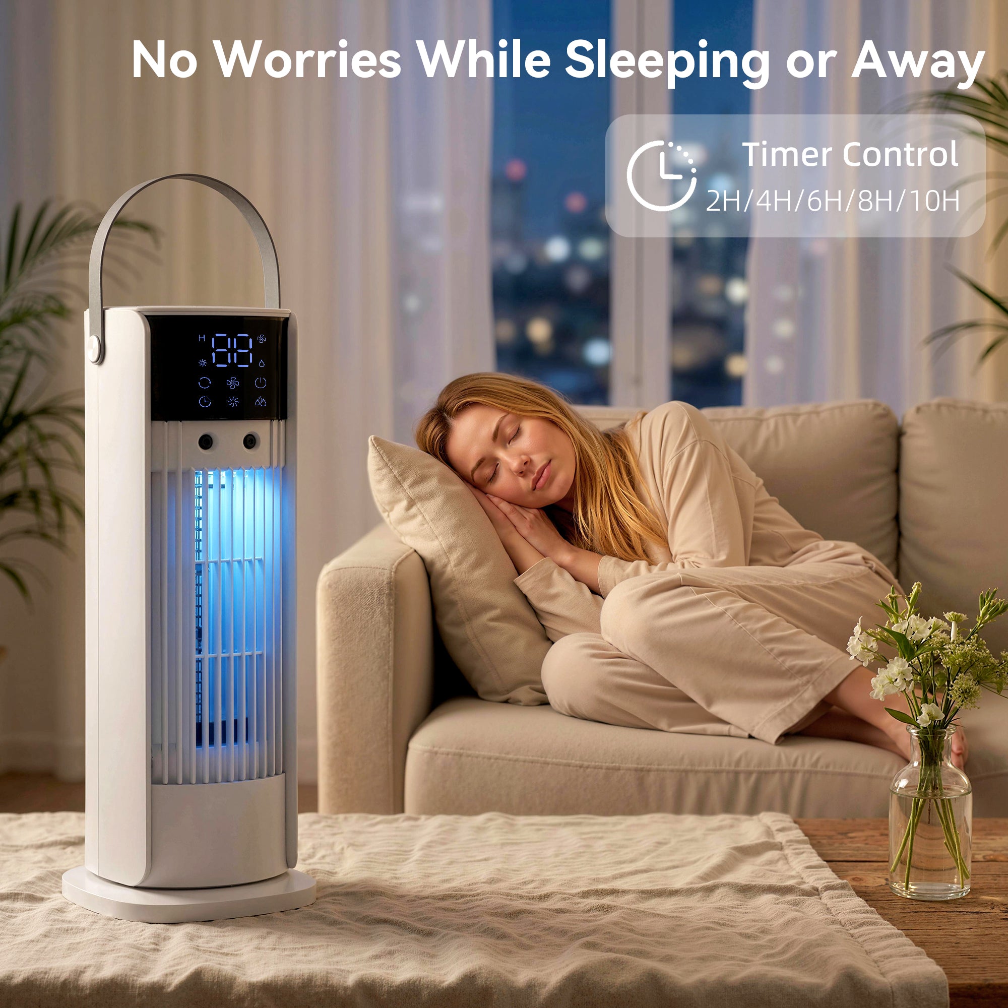 Tabletop Tower Fan with Mist & RGB Lighting, 3 Speeds, 90° Oscillation, 10-Hour Timer — Bedroom & Office, White