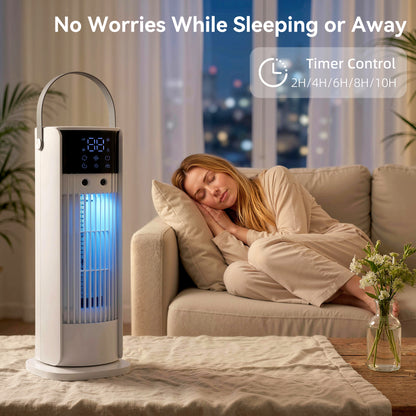 Tabletop Tower Fan with Mist & RGB Lighting, 3 Speeds, 90° Oscillation, 10-Hour Timer — Bedroom & Office, White