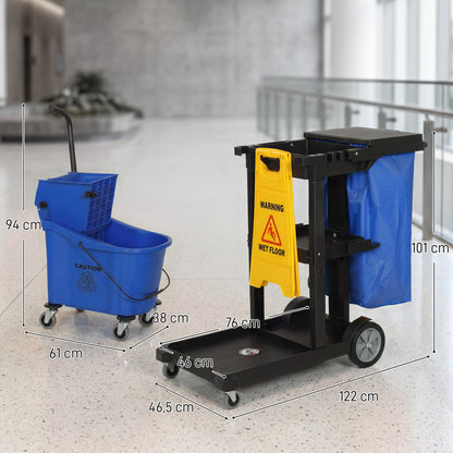 Janitorial Cart Cleaning Trolley with 3 Tiers, 70 L Trash Bag with Lid, Casters, Wringer Mop Bucket, Tool Holders & Wet Floor Sign for Hotels, Malls, Offices — 122 x 46.5 x 101 cm (48 x 18.3 x 39.8 in)