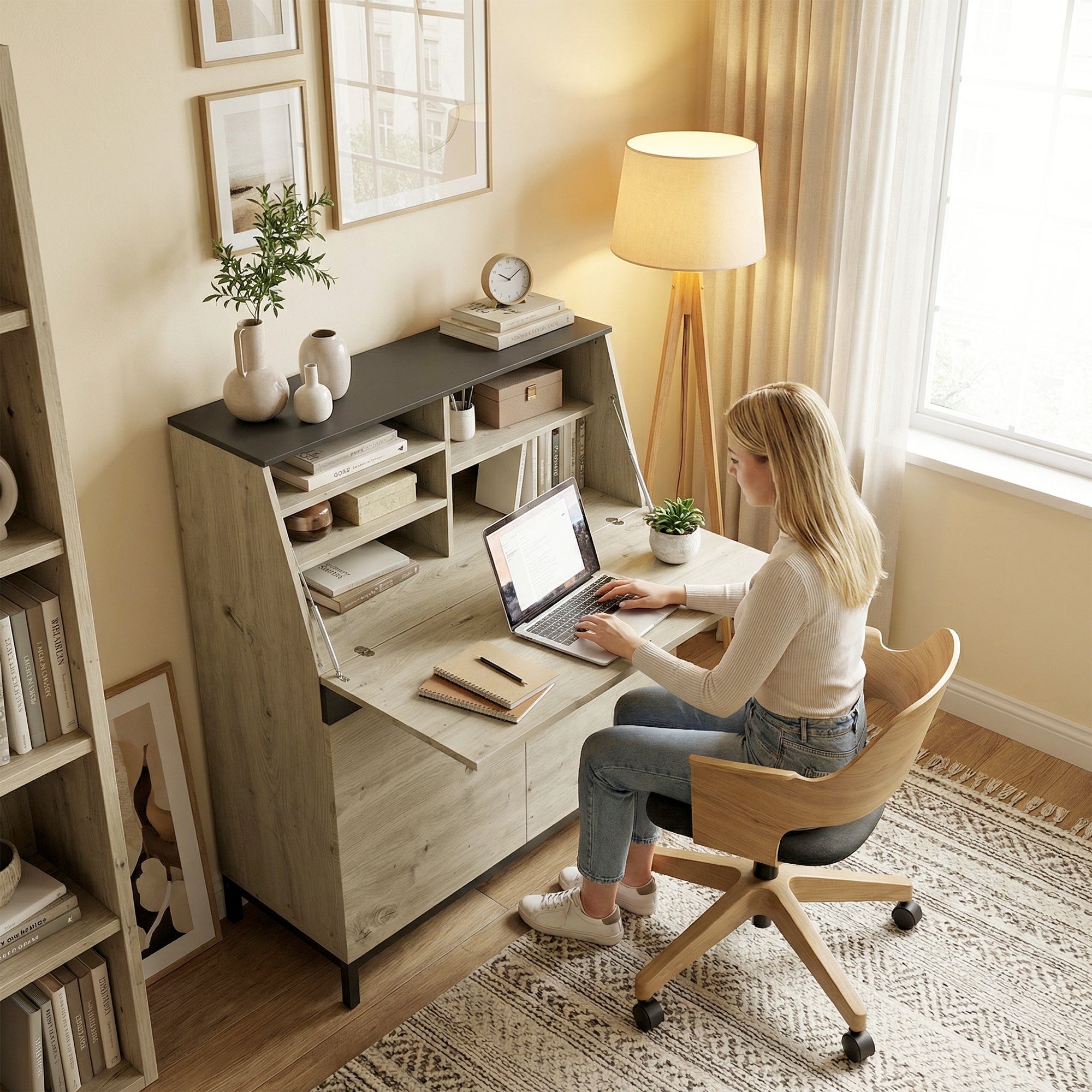 Secretary Desk 100 cm (39.4") — Modern Industrial Computer Desk with Shelves & Cabinet, Office or Bedroom, Natural Wood & Black