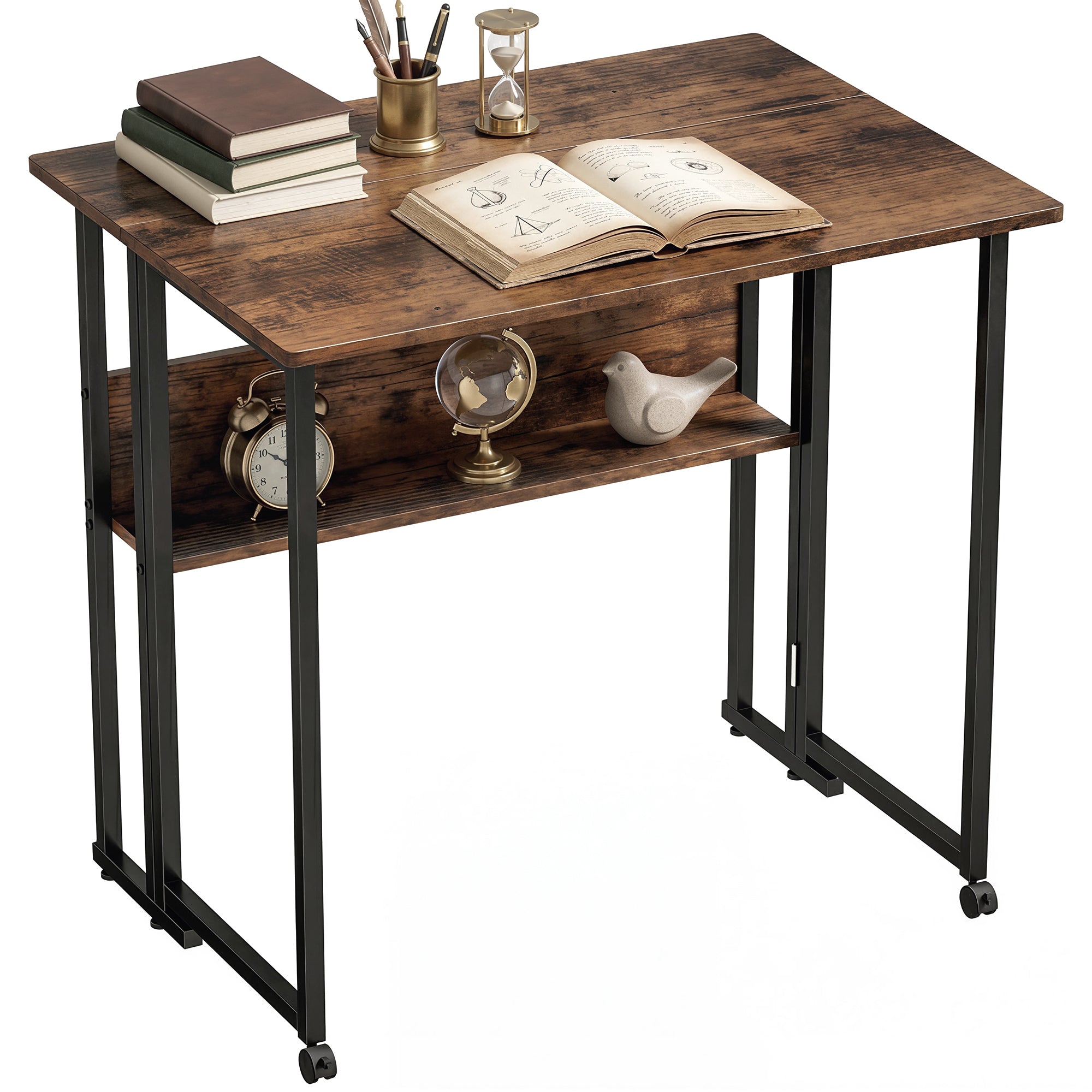 Folding Desk with Shelf, 31.5 in Computer Table for Small Spaces — Industrial Folding Desk on Wheels, Easy Assembly, Rustic Brown