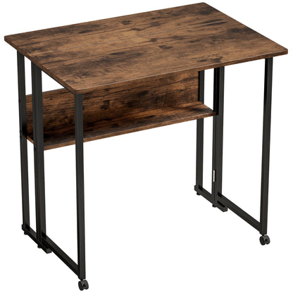 Folding Desk with Shelf, 31.5 in Computer Table for Small Spaces — Industrial Folding Desk on Wheels, Easy Assembly, Rustic Brown