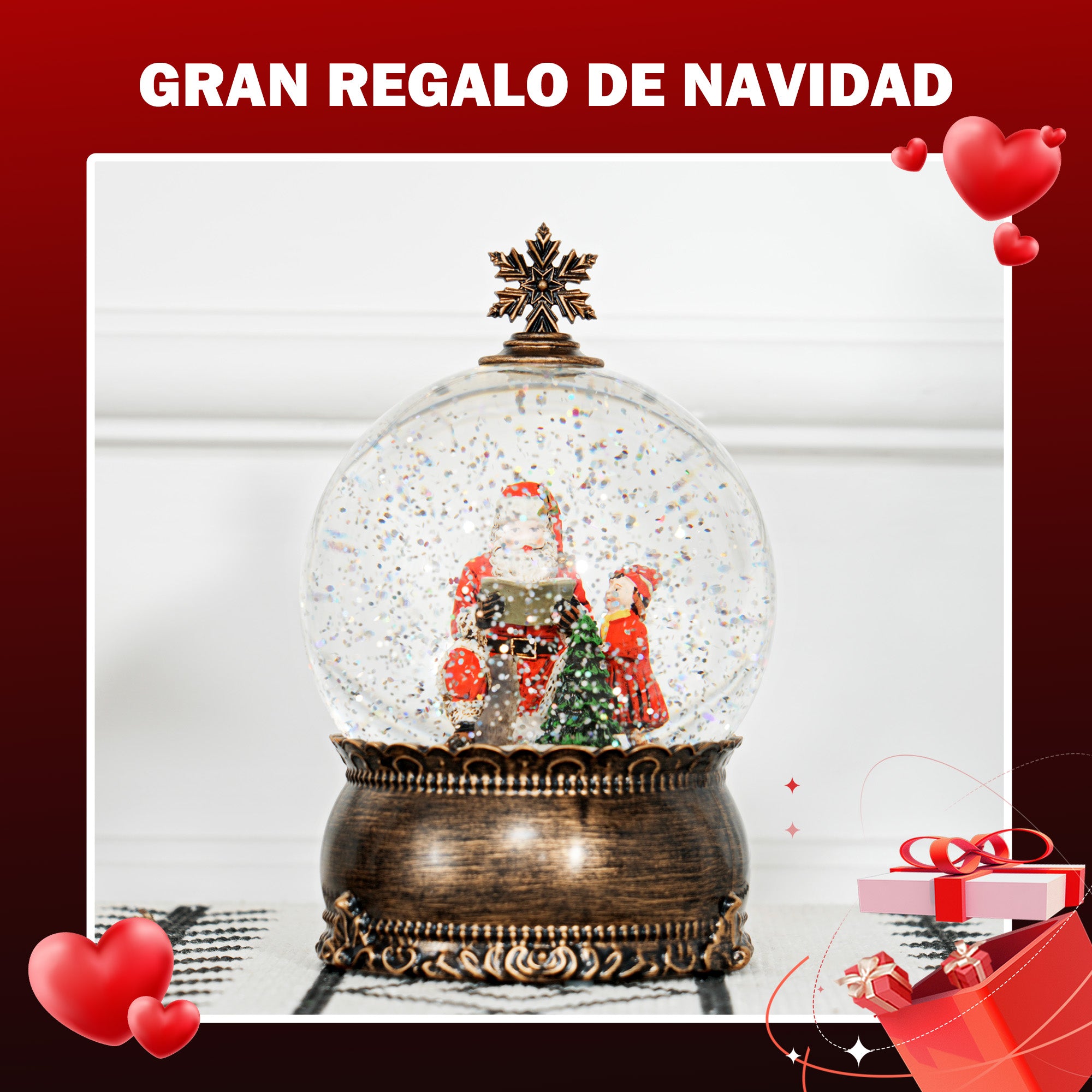 Christmas Snow Globe with Music and Lights Snow Globe with Santa Claus and Child Scene for Christmas Decoration Holiday Gift Bronze
