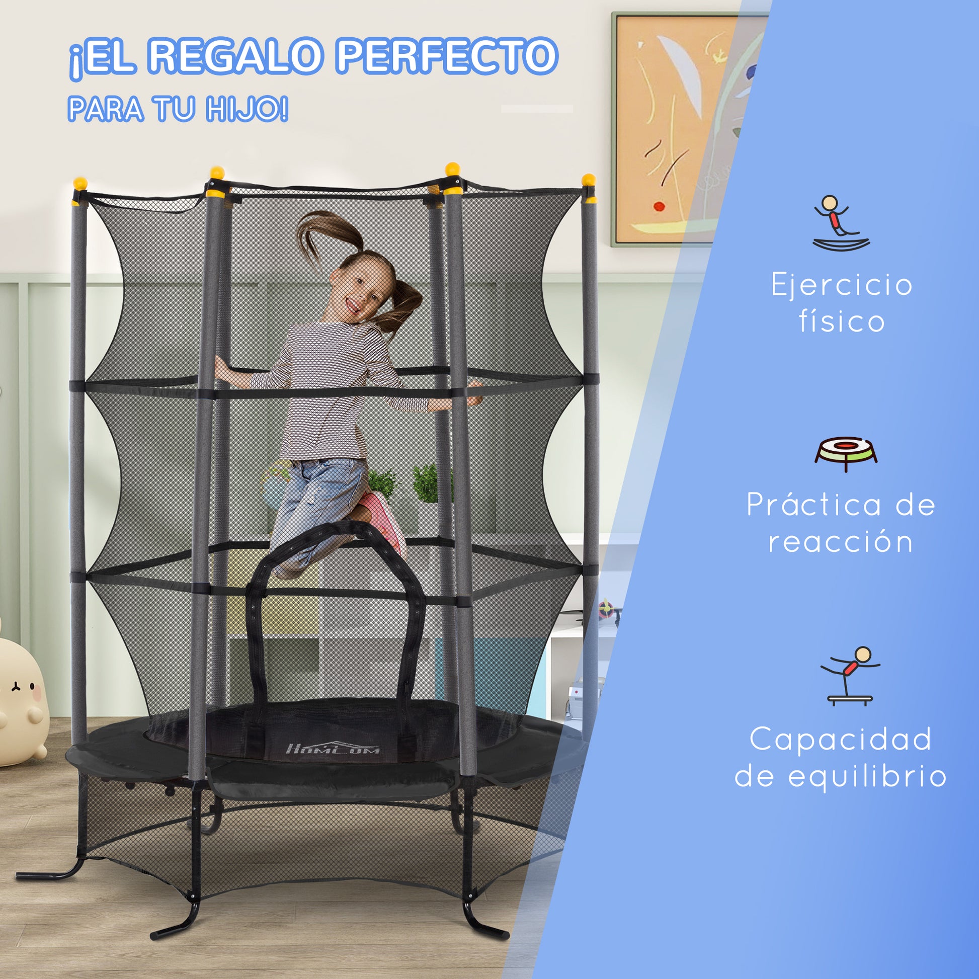 Kids Trampoline Ø163x190 cm Children's Trampoline for +3 Years with Safety Net and Steel Frame 50 kg Weight Capacity for Indoor and Outdoor Use Black