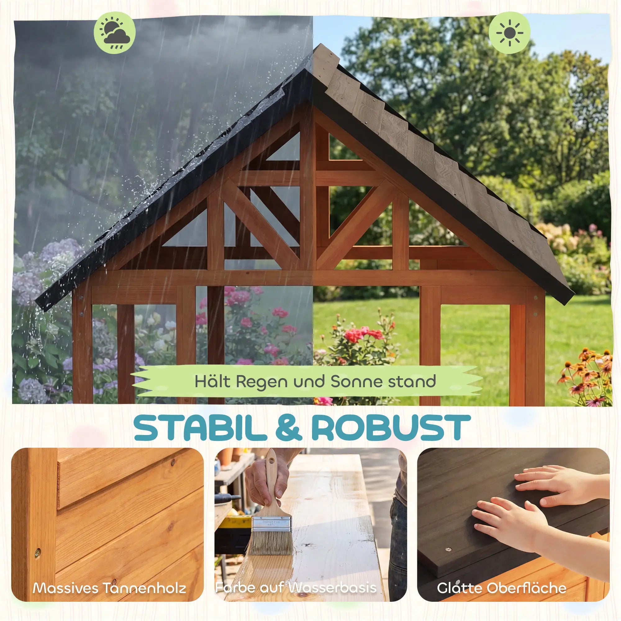 Wooden Outdoor Playhouse for Kids — Table, Benches, Sink, Door, Window & Flower Boxes, Brown, 166.3 x 112.5 x 139.7 cm (65.5 x 44.3 x 55.0 in)