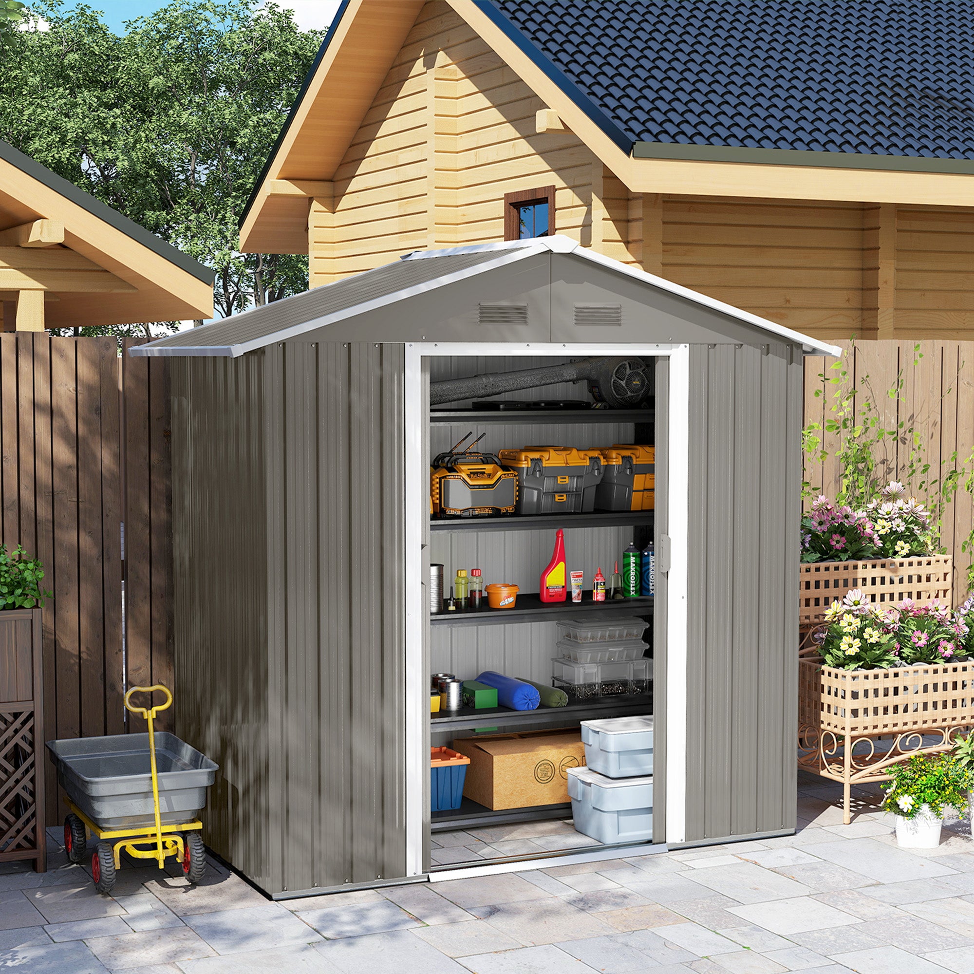 1.8m² Metal Garden Shed, Metal Tool Shed, 194 x 110 x 184 cm, Large Outdoor Storage Space with Sliding Doors and 4 Vents, Gray