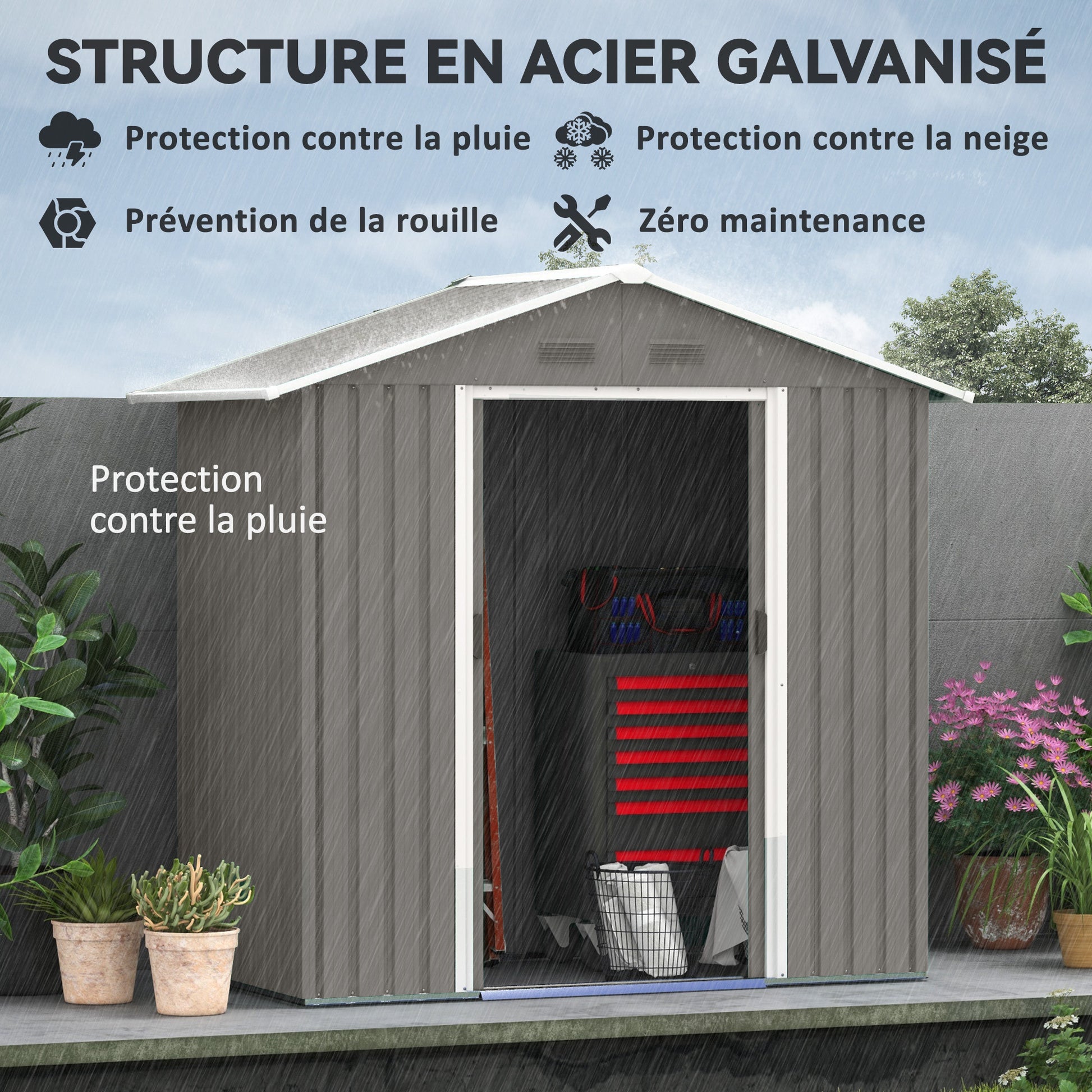 1.8m² Metal Garden Shed, Metal Tool Shed, 194 x 110 x 184 cm, Large Outdoor Storage Space with Sliding Doors and 4 Vents, Gray