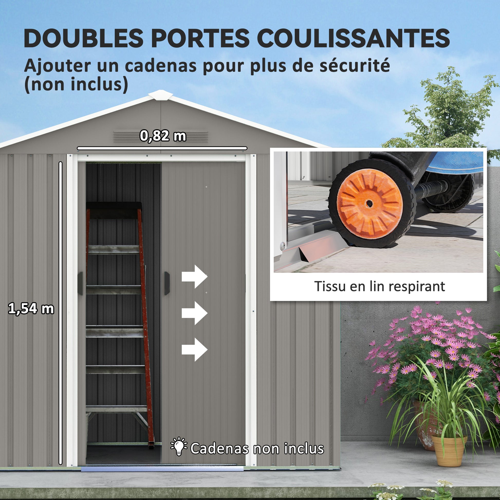 1.8m² Metal Garden Shed, Metal Tool Shed, 194 x 110 x 184 cm, Large Outdoor Storage Space with Sliding Doors and 4 Vents, Gray