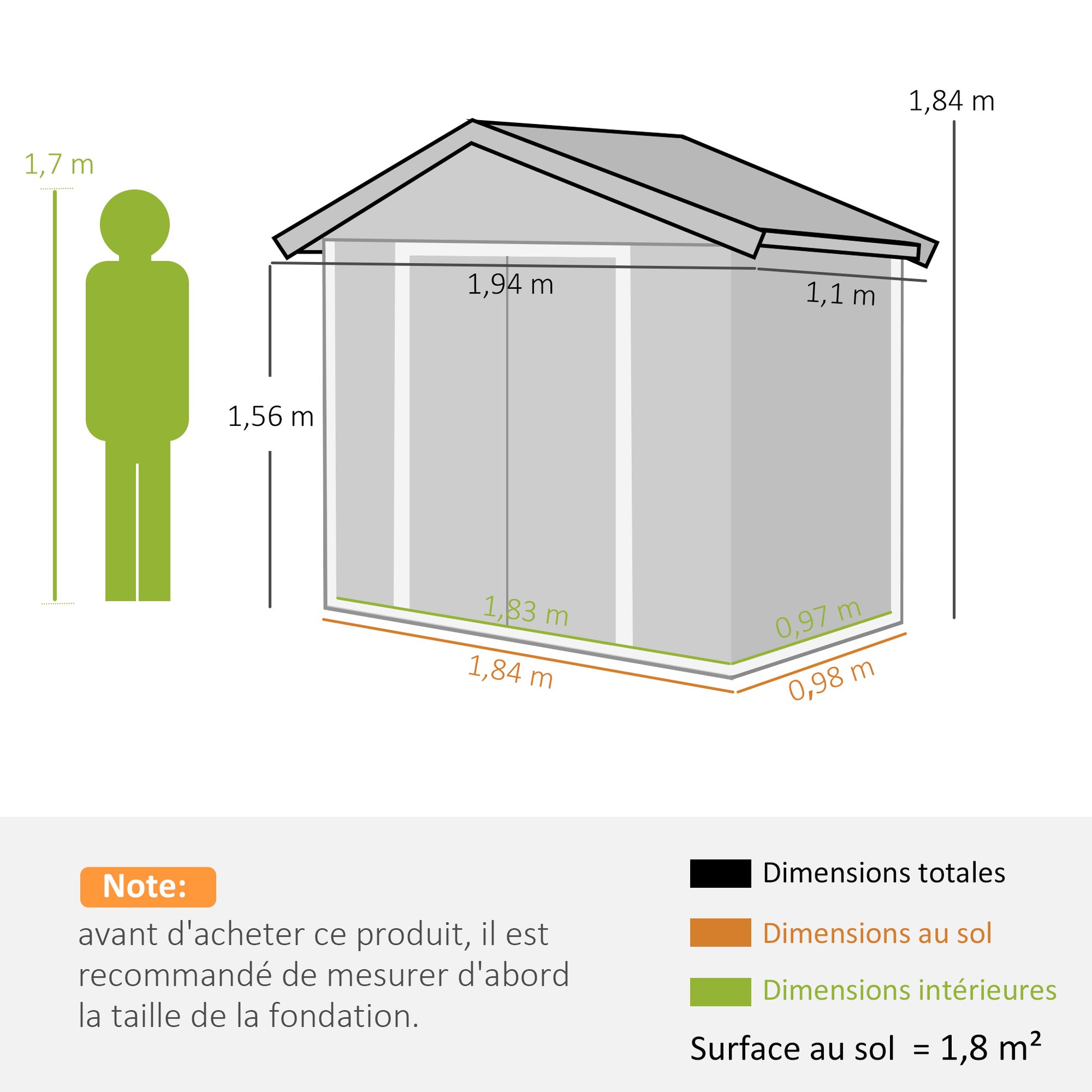 1.8m² Metal Garden Shed, Metal Tool Shed, 194 x 110 x 184 cm, Large Outdoor Storage Space with Sliding Doors and 4 Vents, Gray