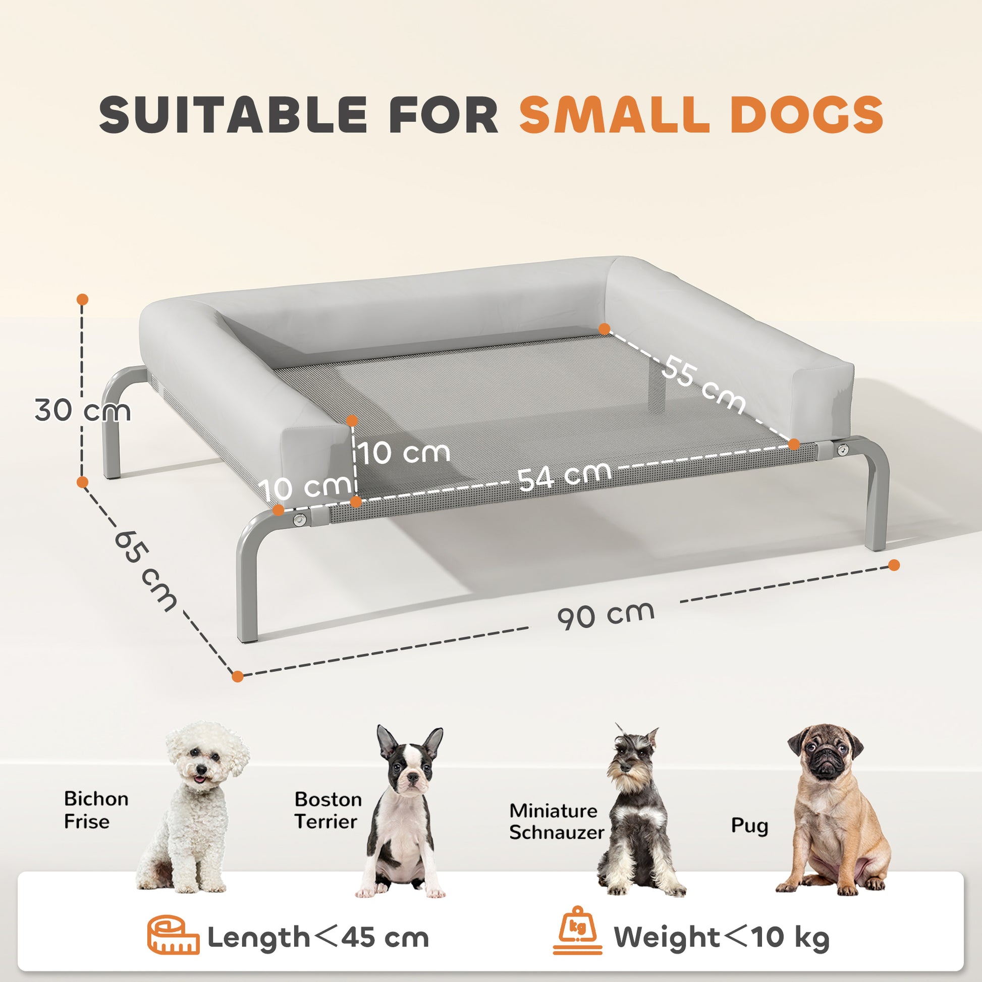 Refreshing Elevated Dog Bed with Removable Supports Portable Elevated Dog Bed for Small Dogs with Breathable Mesh Steel Frame for Indoor Outdoor 90x65x30 cm Light Gray