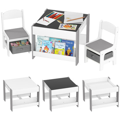 3-Piece Children's Table and 2 Chairs Set with Reversible Blackboard Tabletop, Storage Basket, Shelves - Gray