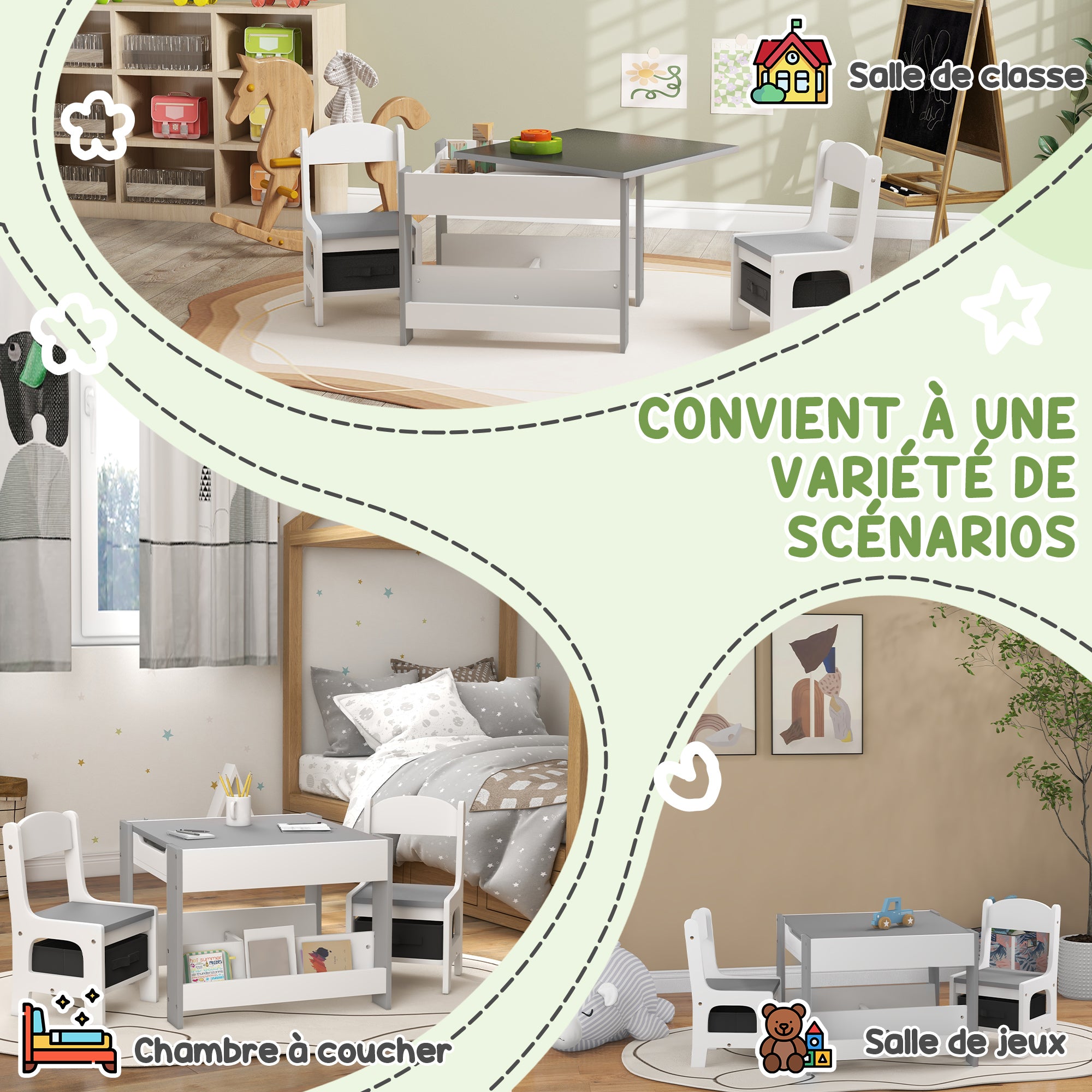 3-Piece Children's Table and 2 Chairs Set with Reversible Blackboard Tabletop, Storage Basket, Shelves - Gray